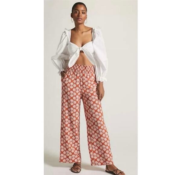 Anthropologie Maeve Printed Wide Leg Pull On Sea Shell Red Orange Pants, Large - Picture 1 of 13